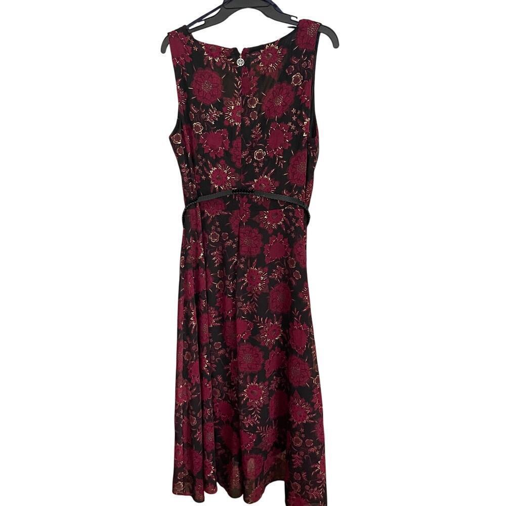 Tommy Hilfiger Women's Burgundy Floral Sleeveless Belted Midi Sheath Dress - Picture 3 of 11